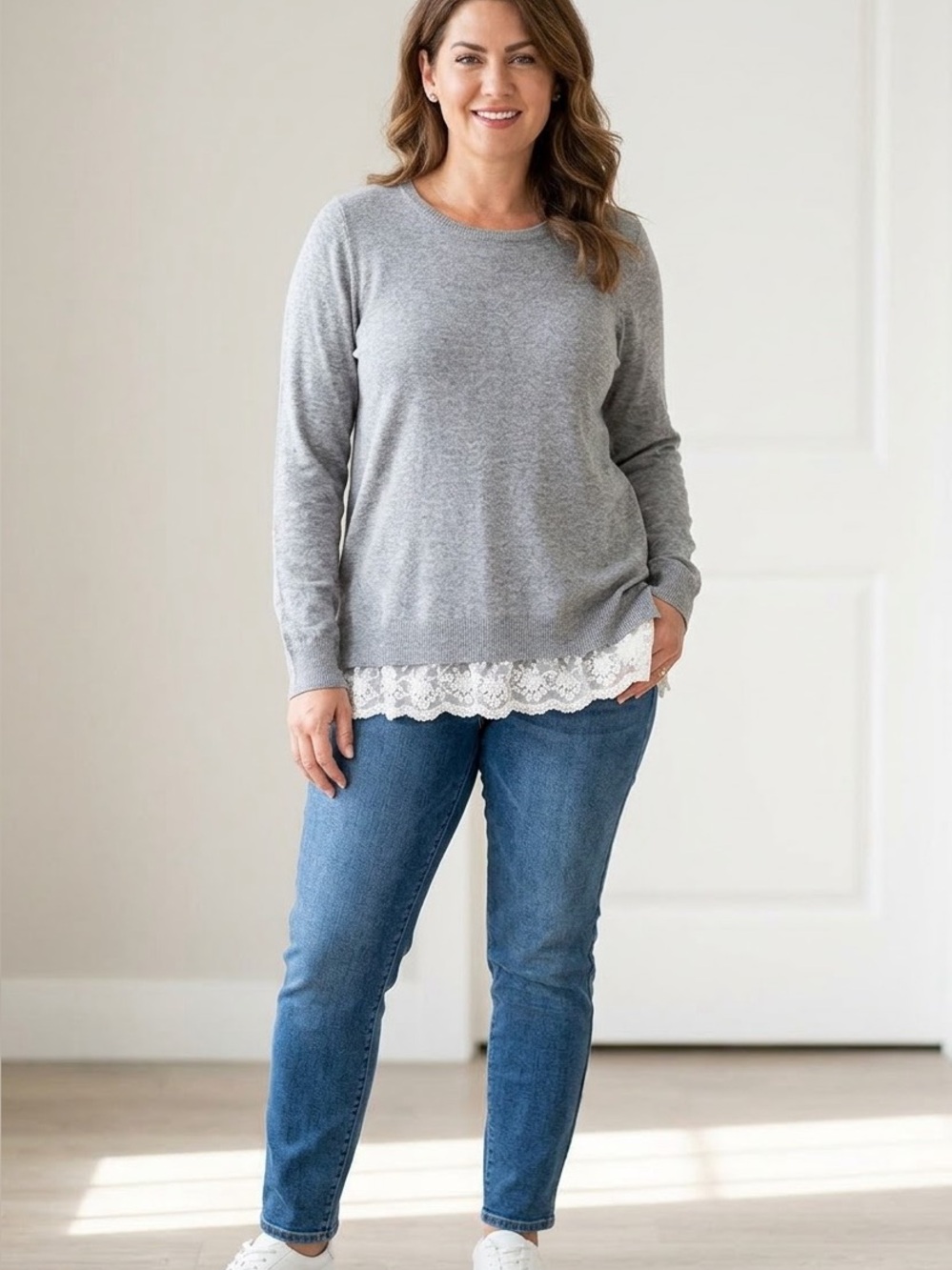 Caslon® Gray Knit Tunic with Lace Hem